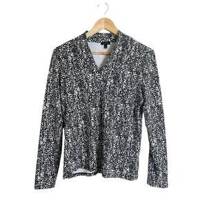Talbots Women's Black White Abstract Dot Long Sleeve V-Neck Blouse Medium
